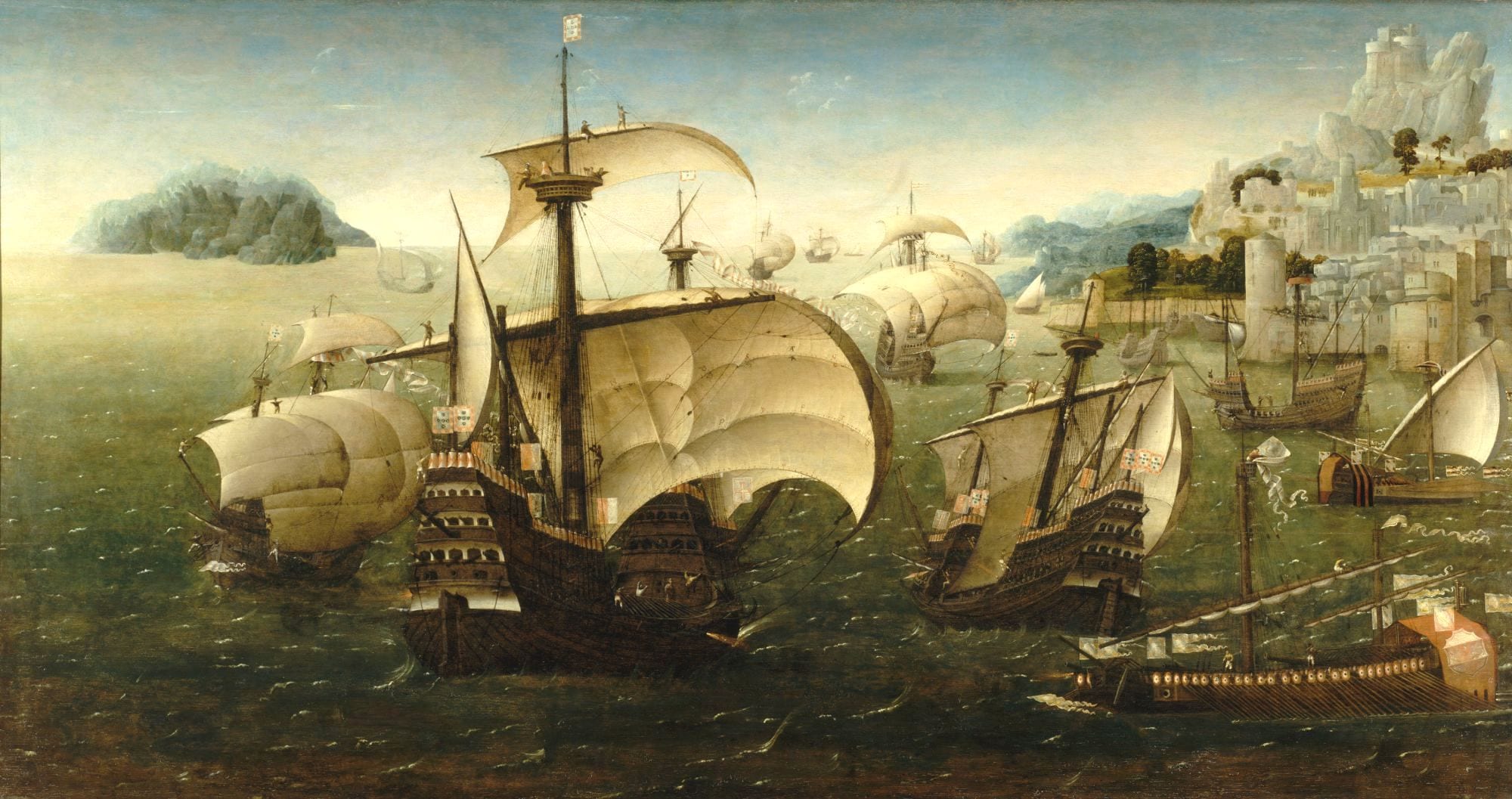 Portuguese carracks off a rocky coast, sixteenth century