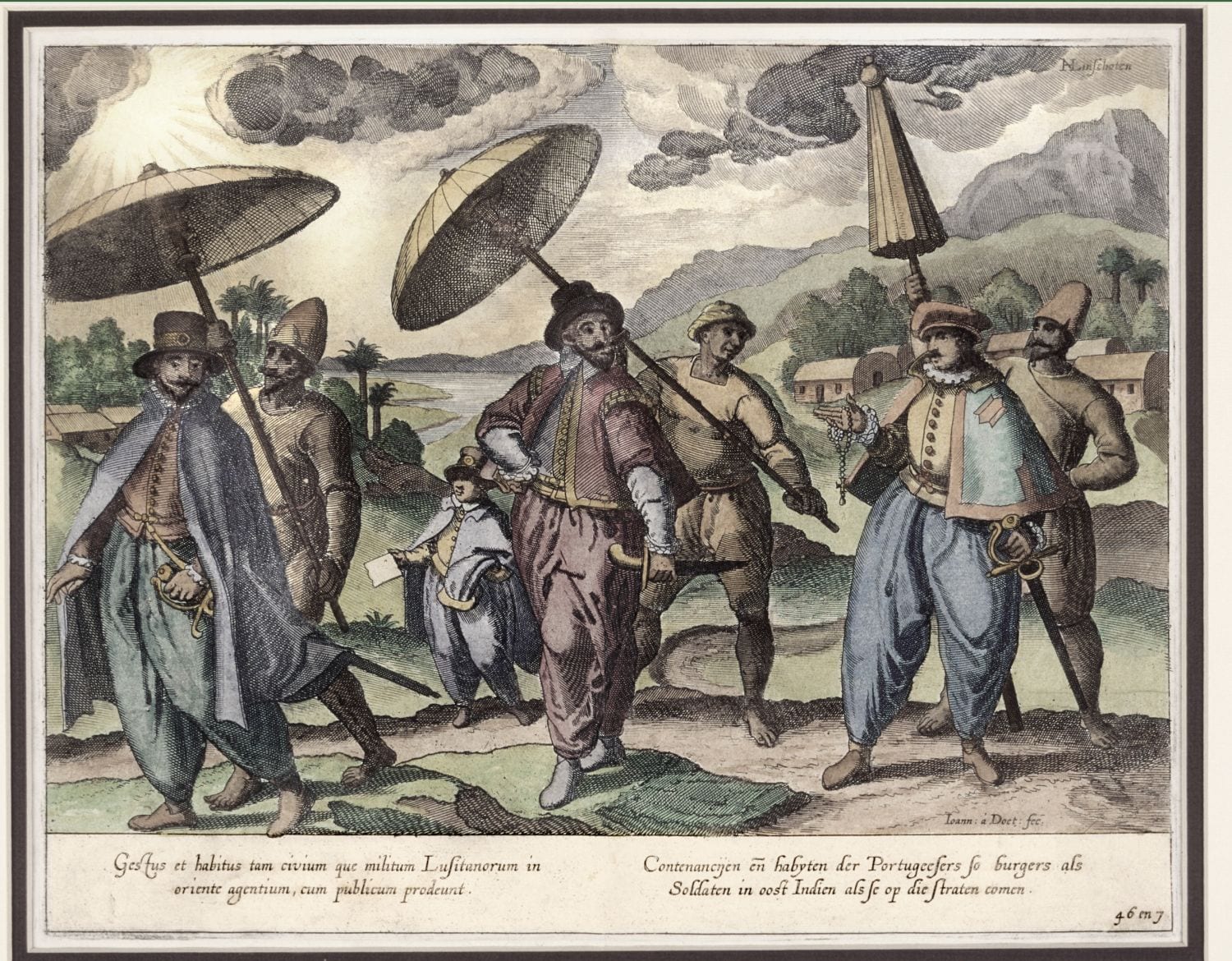 Portuguese gentlemen in Goa under parasols, Linschoten