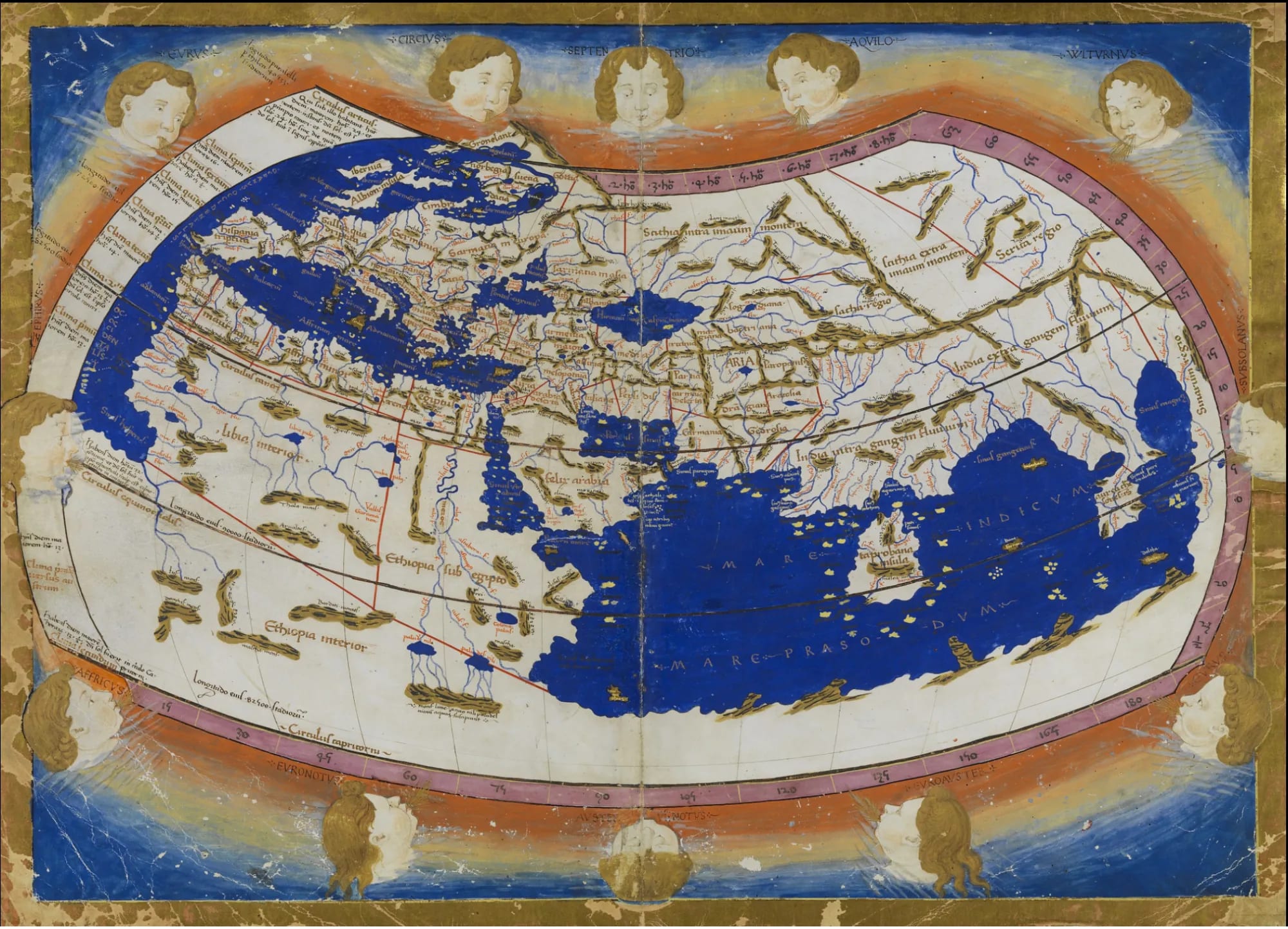 Ptolemy’s world map, fifteenth-century manuscript — the Indian Ocean enclosed by an unknown southern land