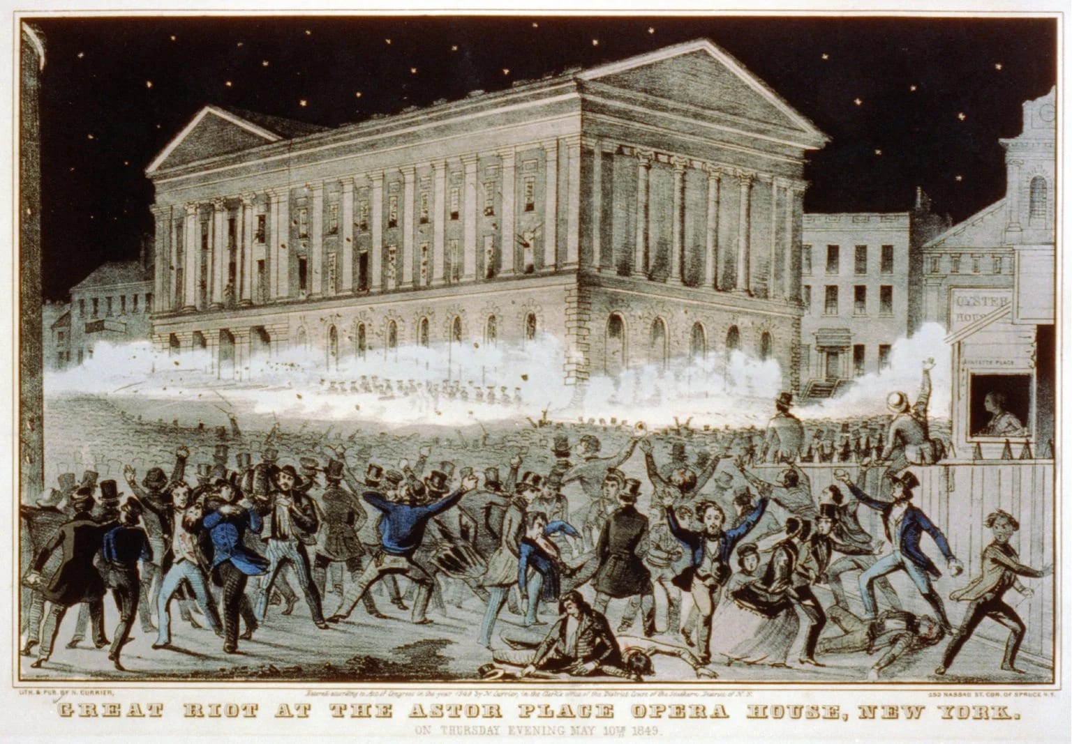 Great riot at the Astor Place Opera House, New York, 10 May 1849 — Currier lithograph