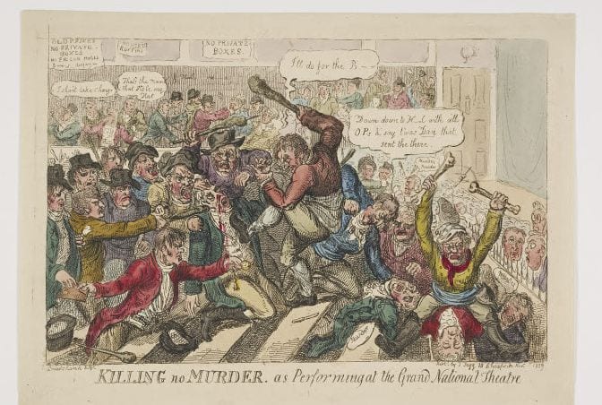 Killing no Murder, as performing at the Grand National Theatre — caricature of a theatre riot